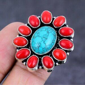 Size 9 Natural Santa Rosa Turquoise, Coral 925 Sterling Silver Overlay Ring